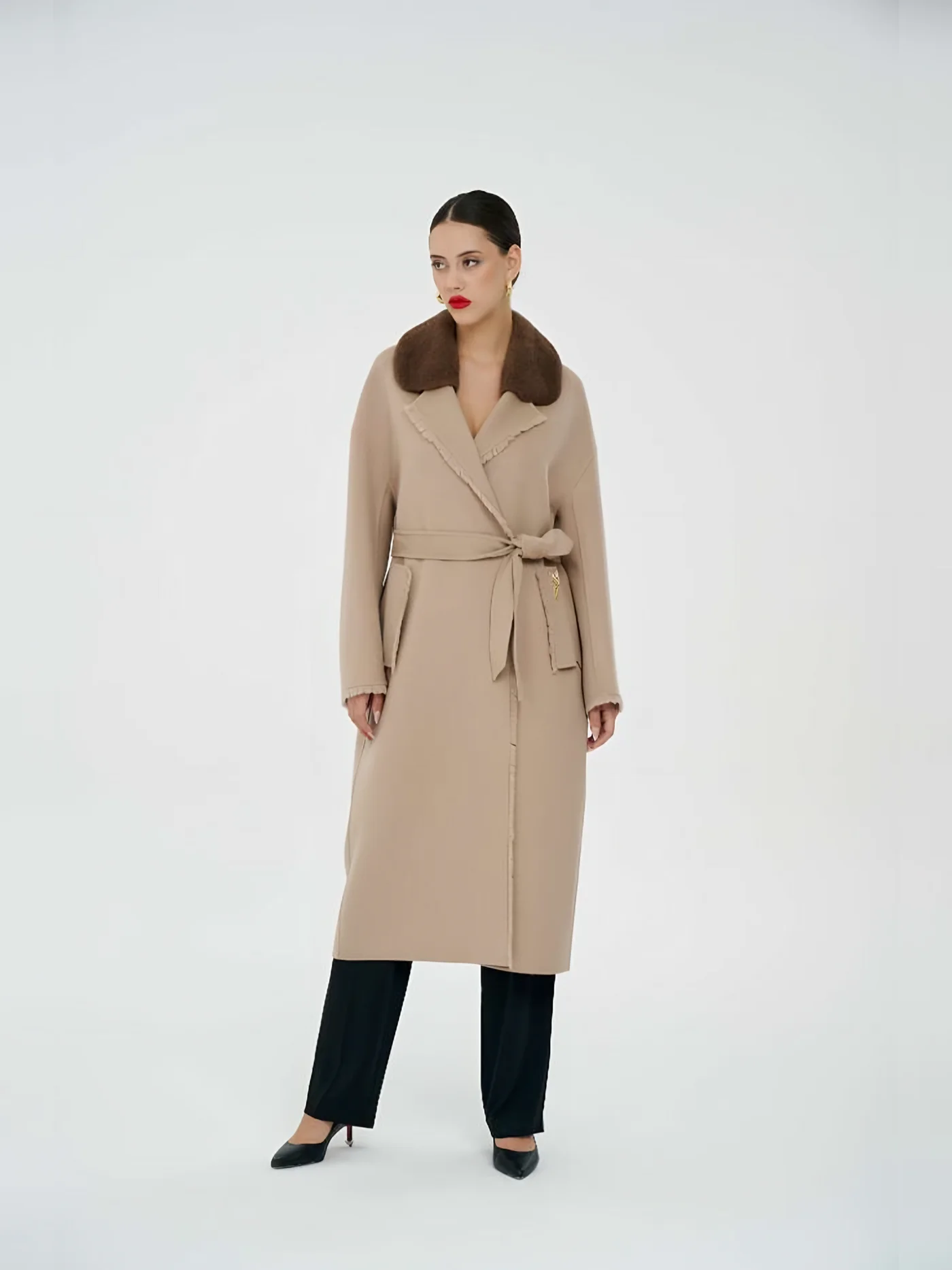 Fur-Shawl-Collar Belted Coat — BALIZZA