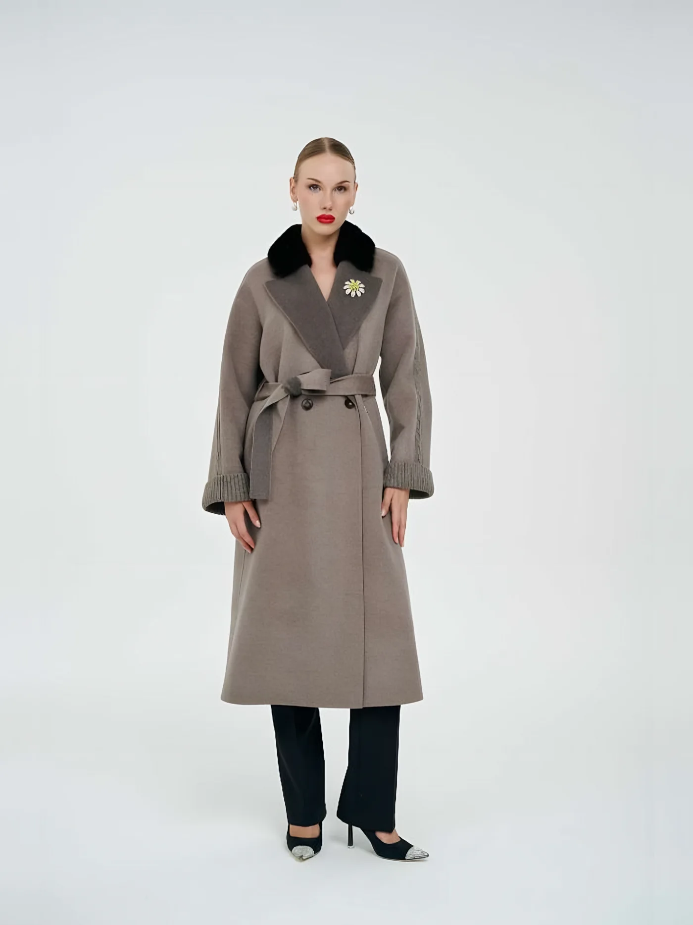 Fur-Collar Belted Coat with Brooch — BALIZZA