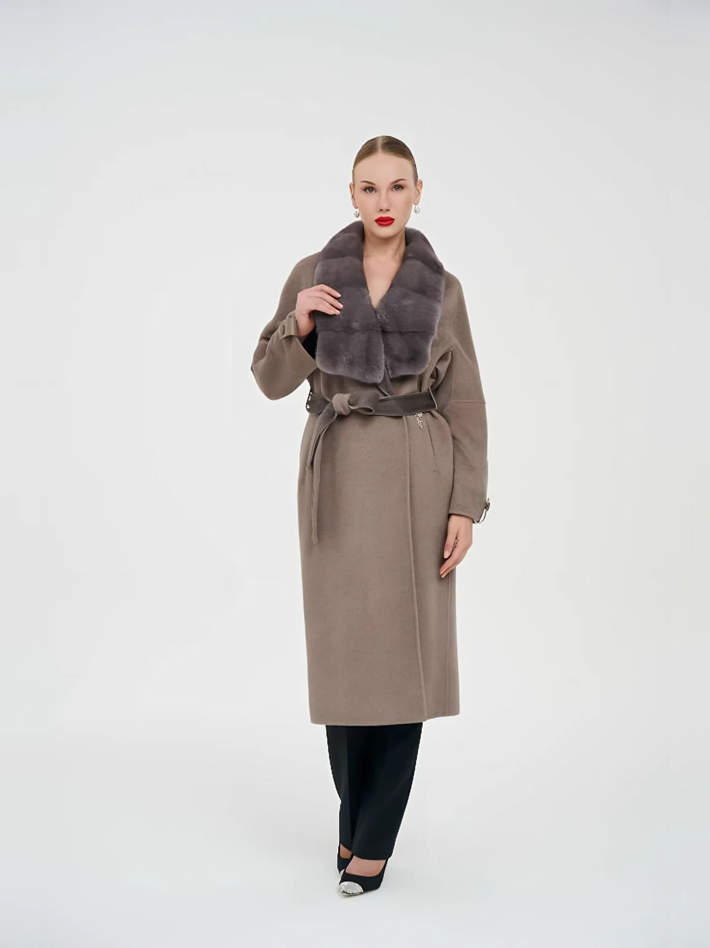 Grey Fur-Collar Belted Coat — BALIZZA