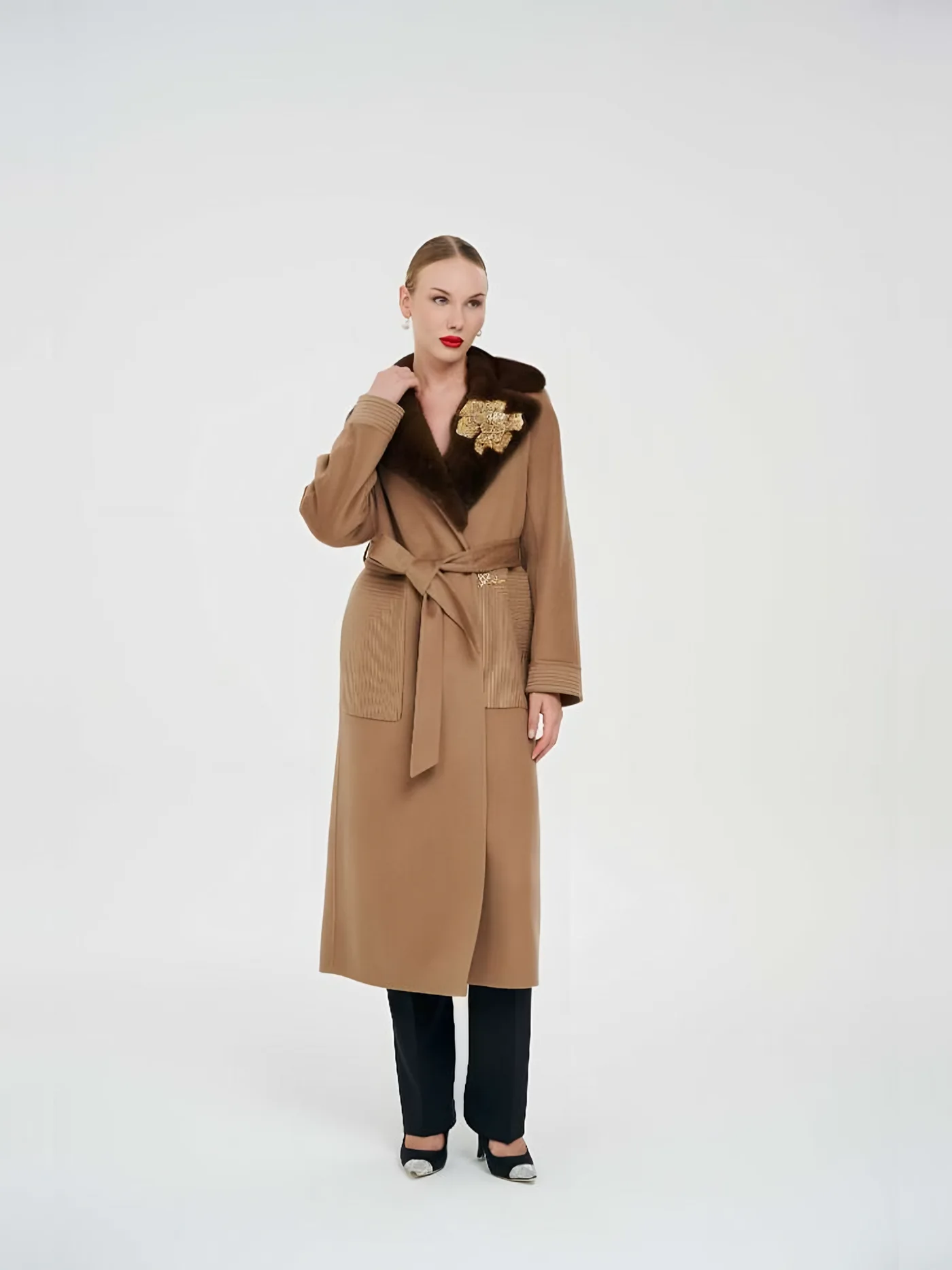 Fur-Collar Belted Coat with Brooch — BALIZZA