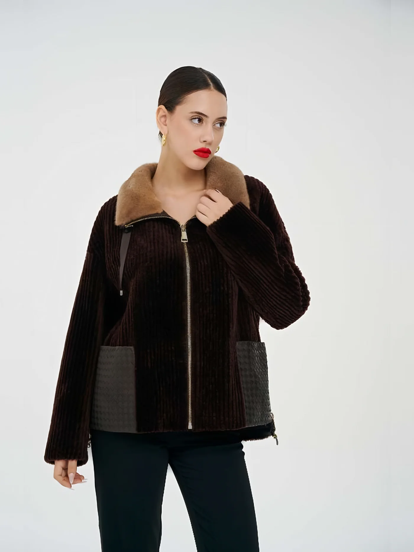 Fur-Collar Leather-Pocket Zip Plush Jacket — BALIZZA