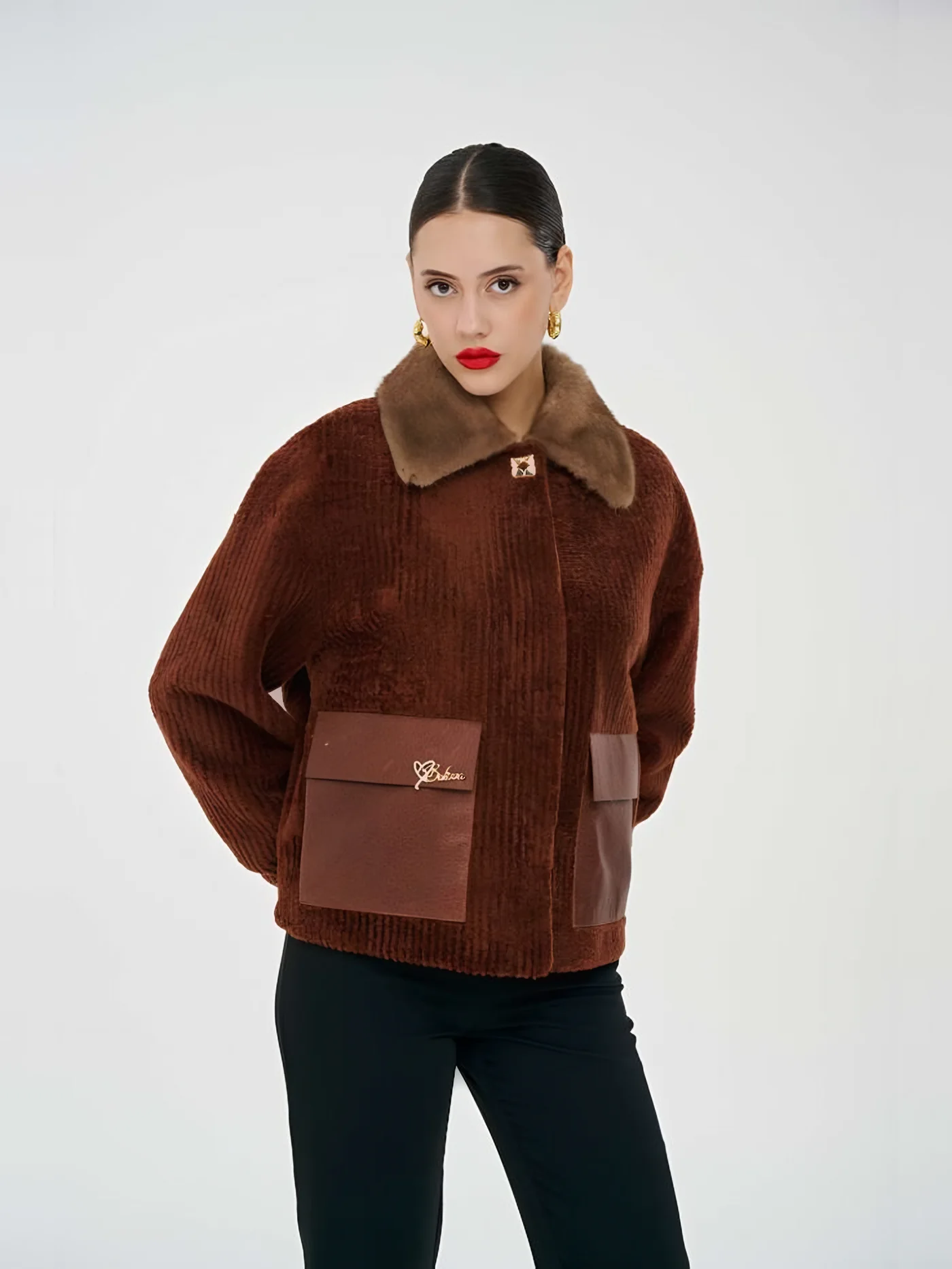Fur-Collar Leather-Pocket Plush Jacket — BALIZZA