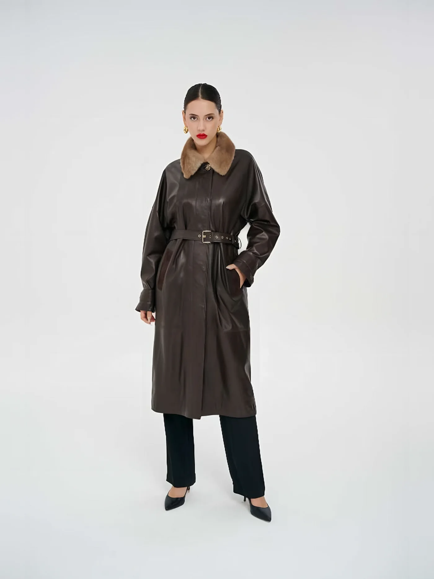 Fur-Collar Belted Long Leather Coat — BALIZZA