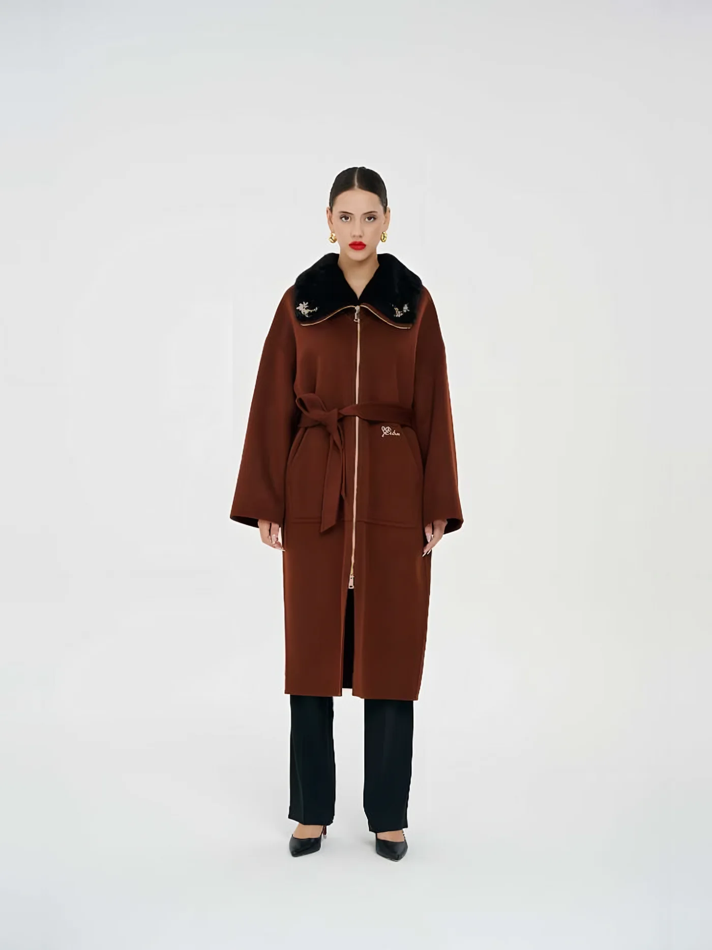Fur-Collar Zip Belted Coat — BALIZZA