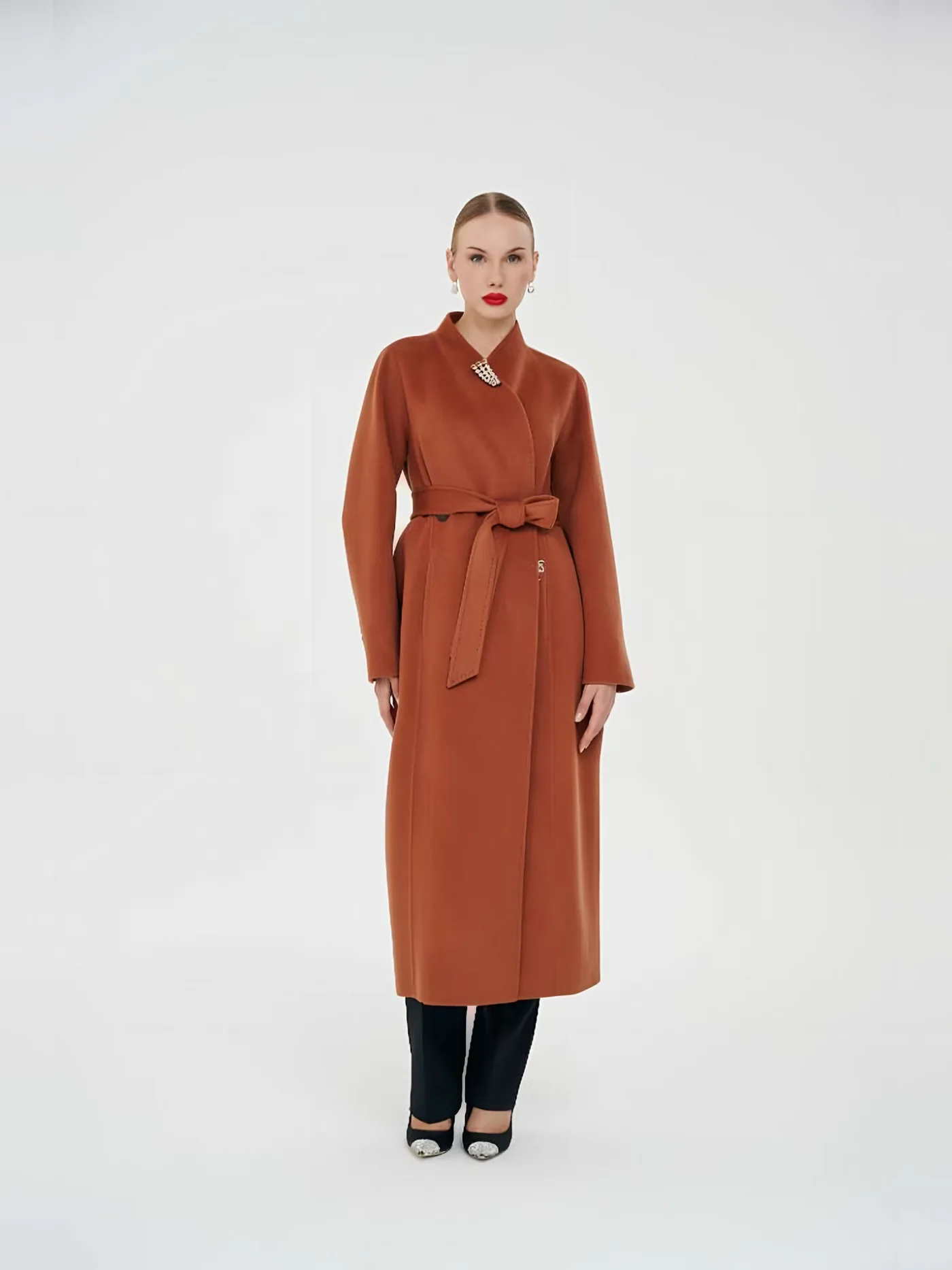 Shawl-Collar Belted Coat with Brooch — BALIZZA