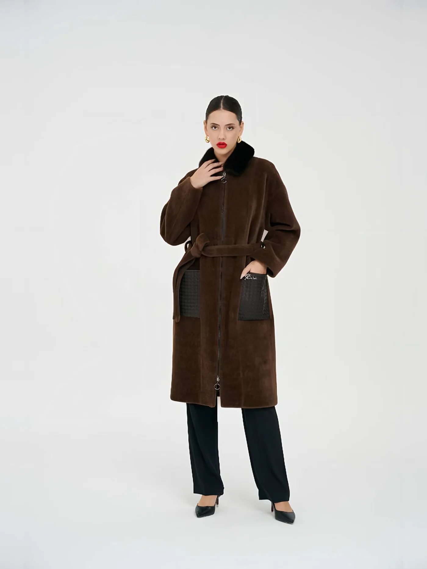 Fur-Collar Leather-Pocket Belted Long Plush Coat — BALIZZA