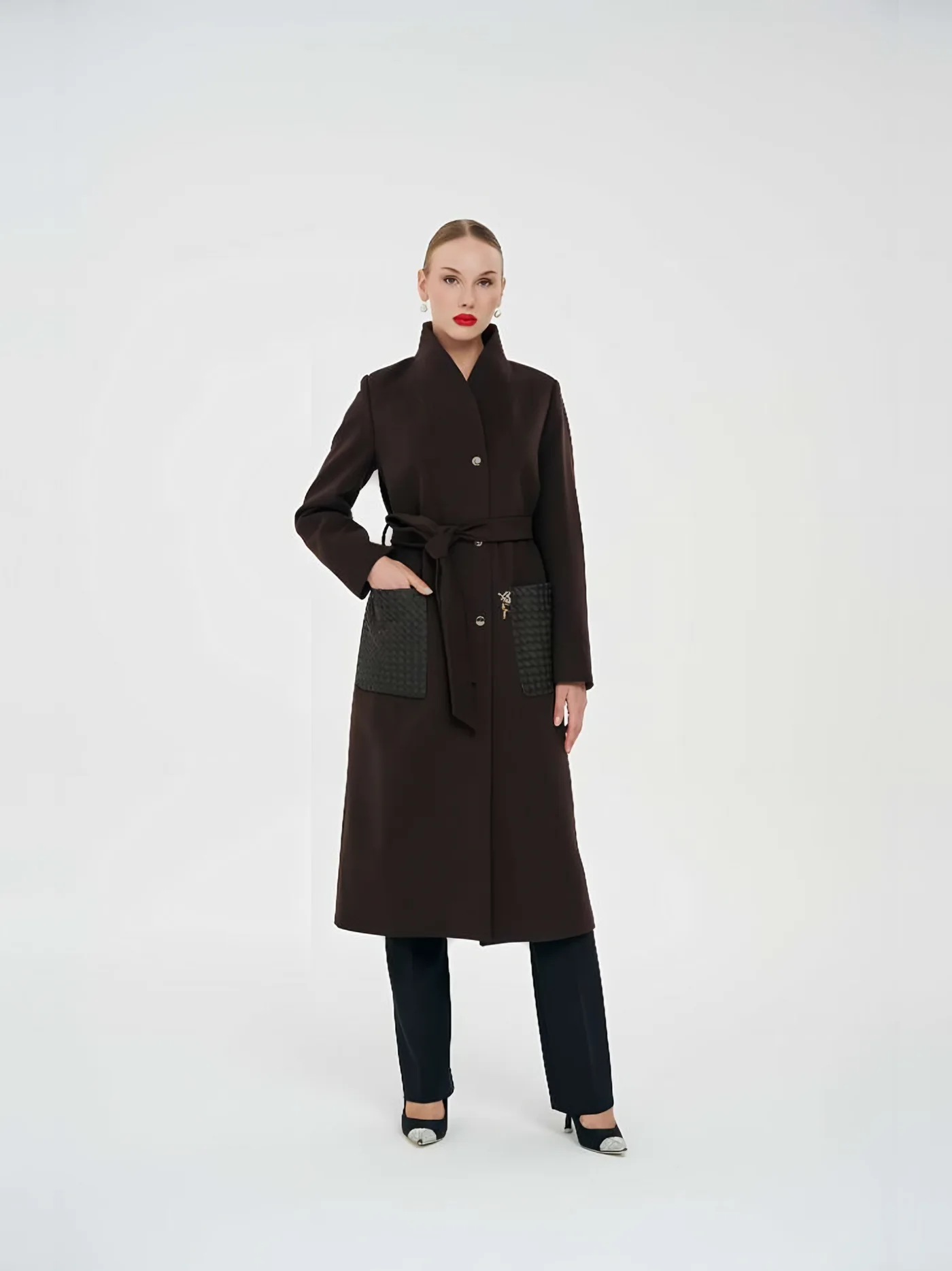Leather-Pocket Belted Long Coat — BALIZZA