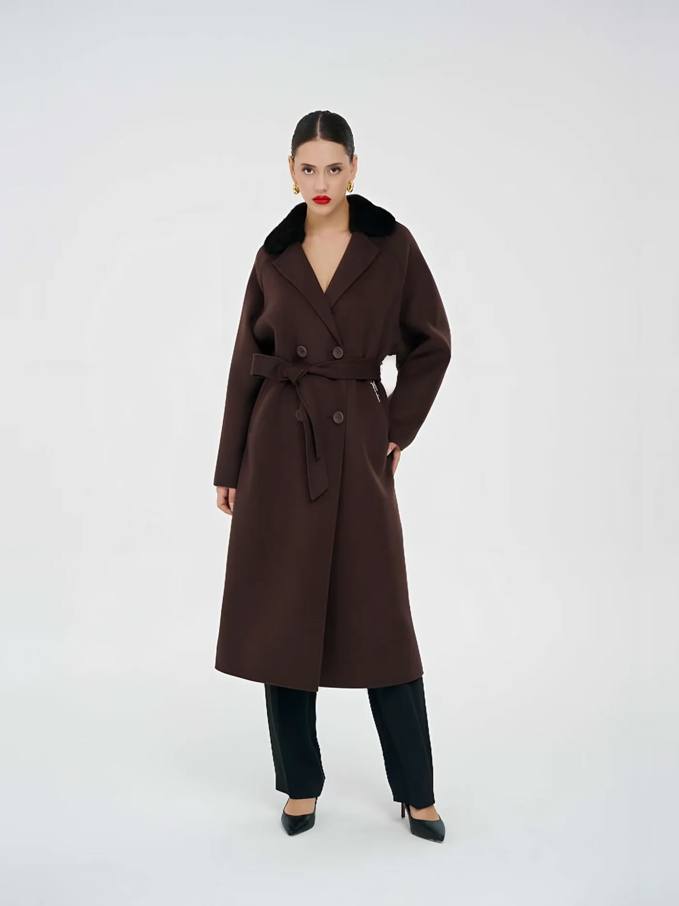 Fur-Collar Double-Breasted Belted Coat — BALIZZA