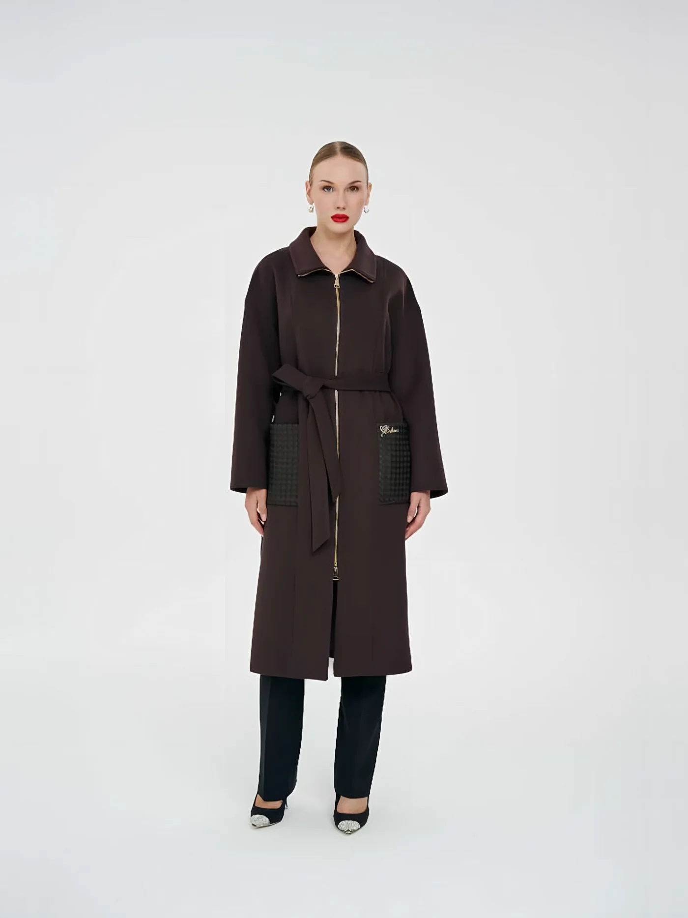 Leather-Pocket Zip Long Coat — BALIZZA