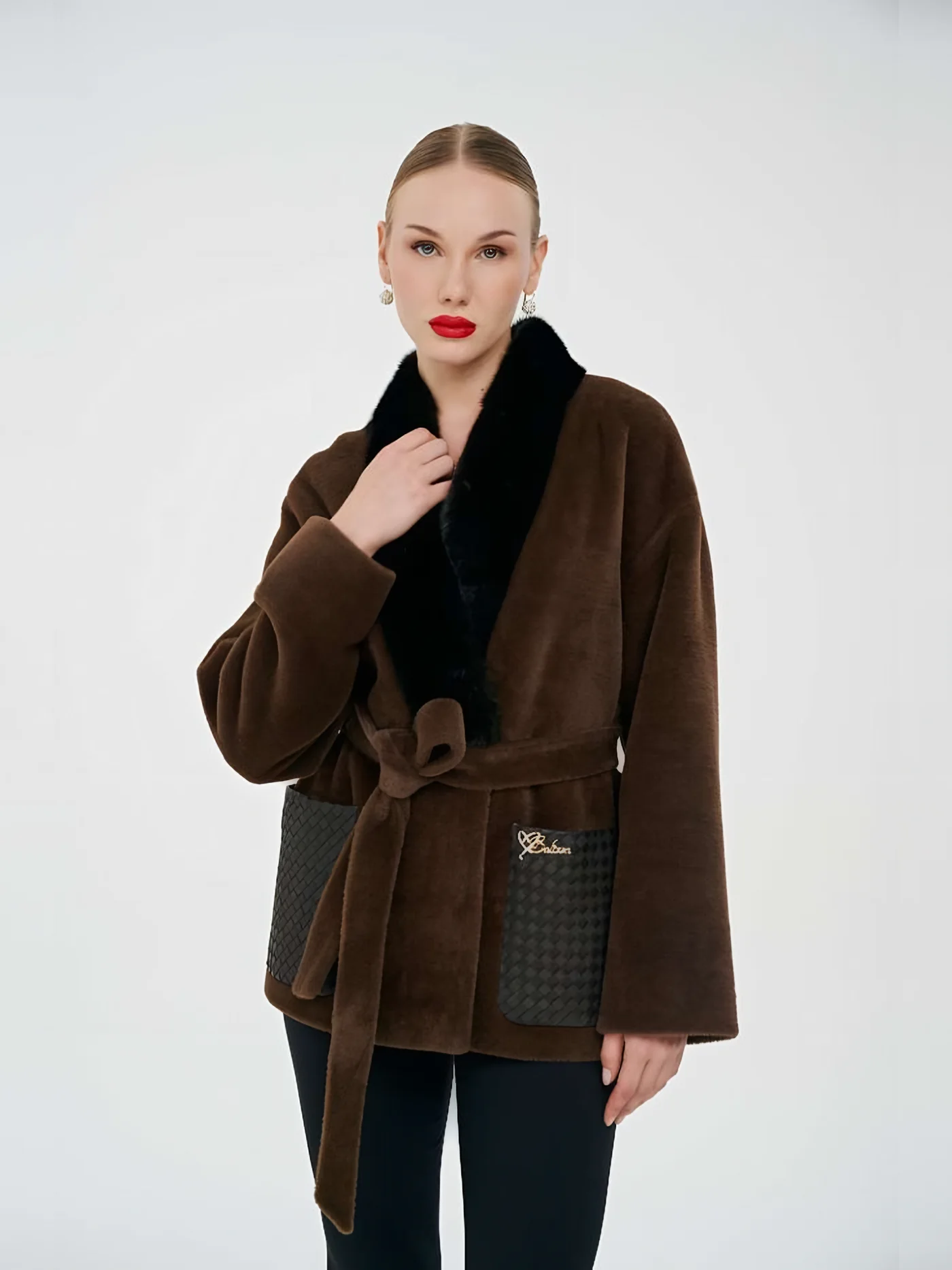 Fur-Shawl Belted Plush Jacket — BALIZZA