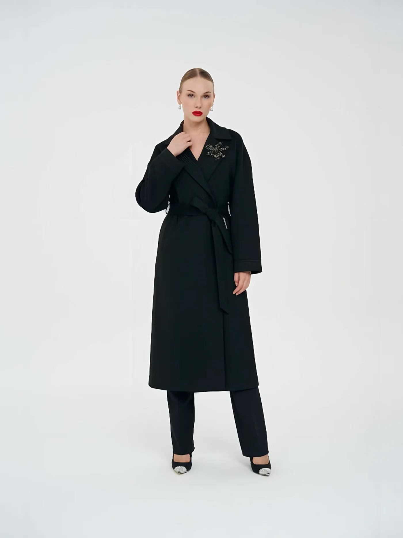 Belted Long Coat with Brooch — BALIZZA
