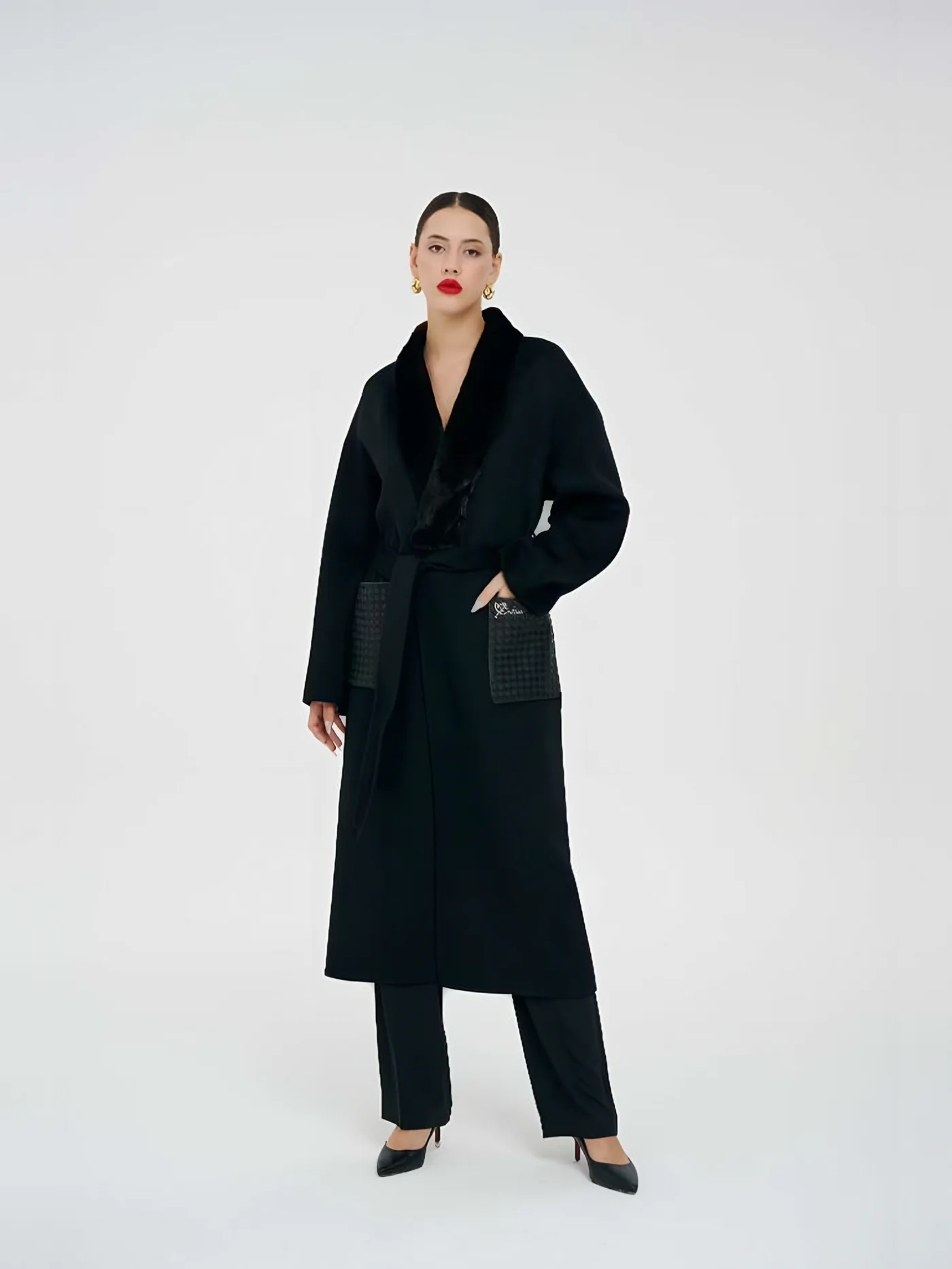 Fur-Collar Leather-Pocket Belted Coat — BALIZZA