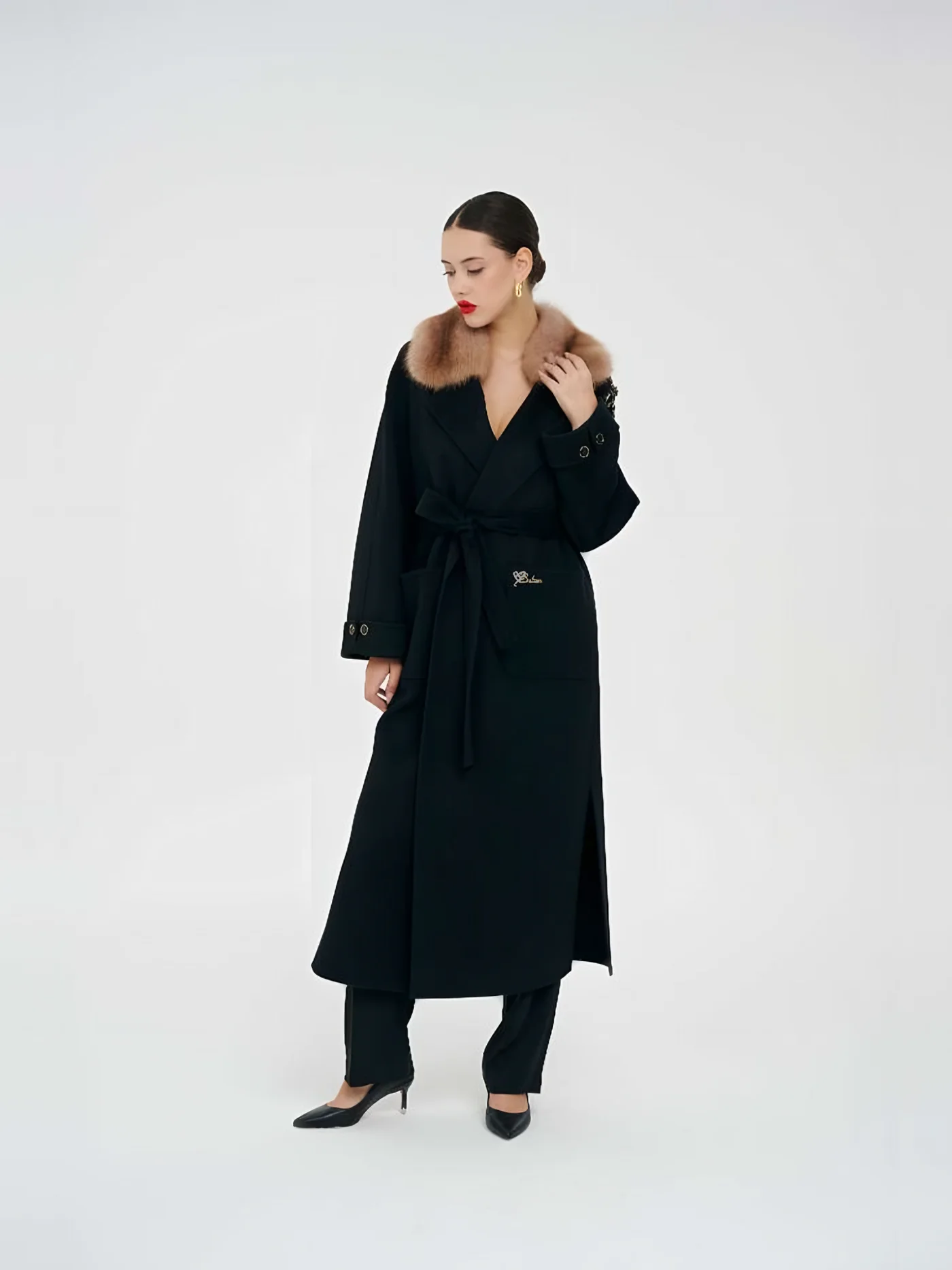 Fur-Collar Embroidered Belted Coat — BALIZZA