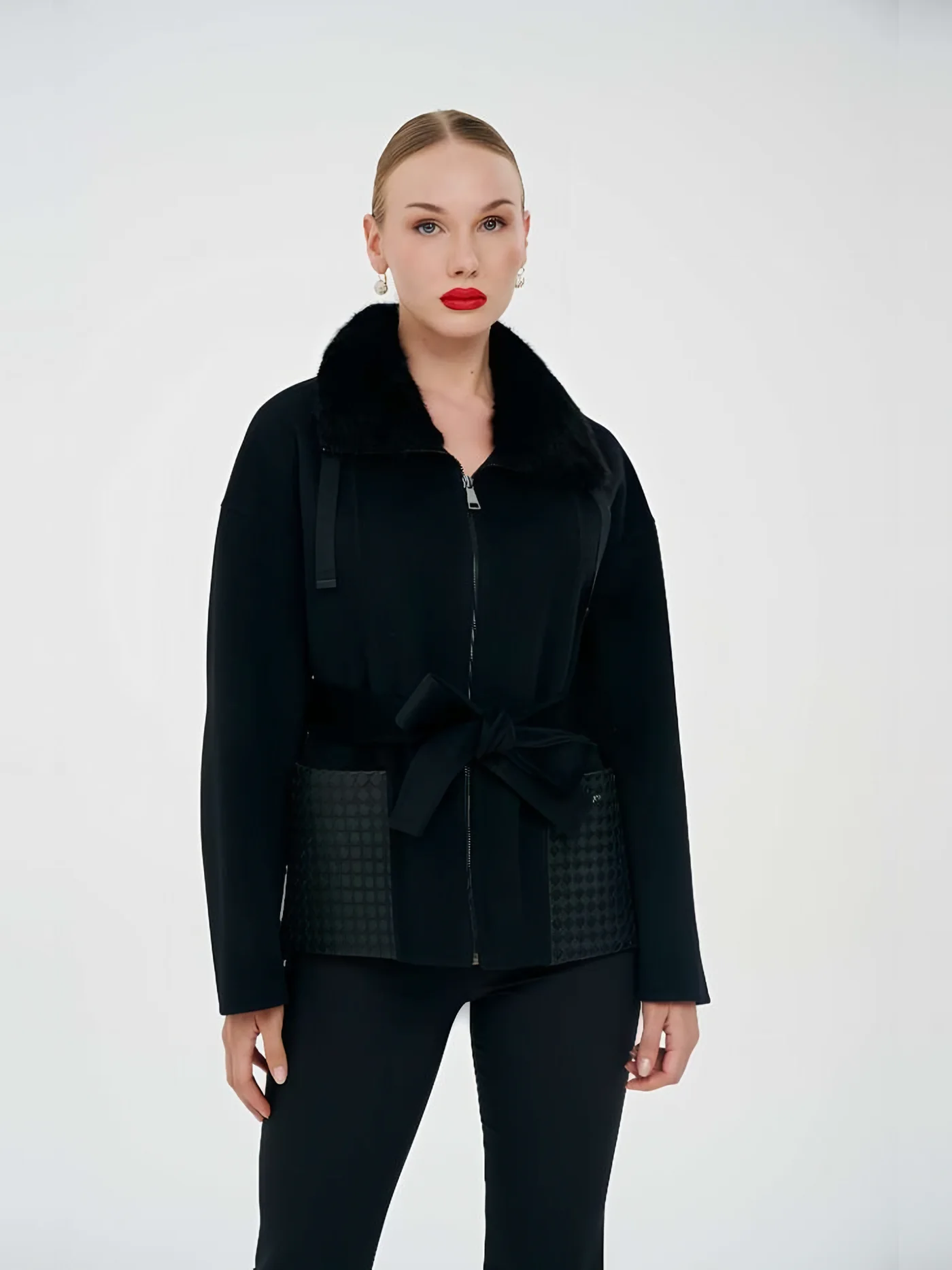 Fur-Collar Leather-Pocket Zip Jacket — BALIZZA