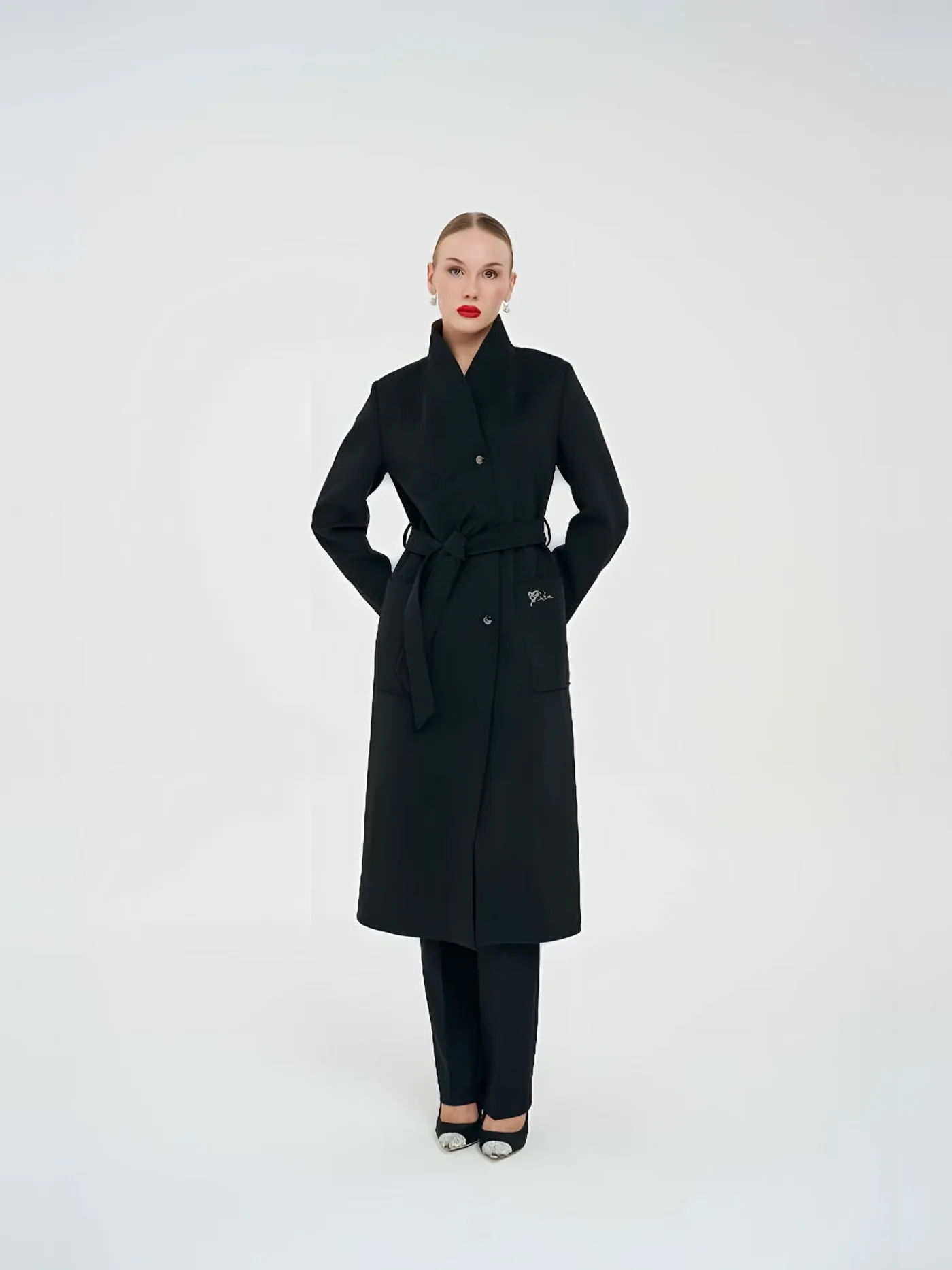 Stand-Collar Belted Long Coat — BALIZZA