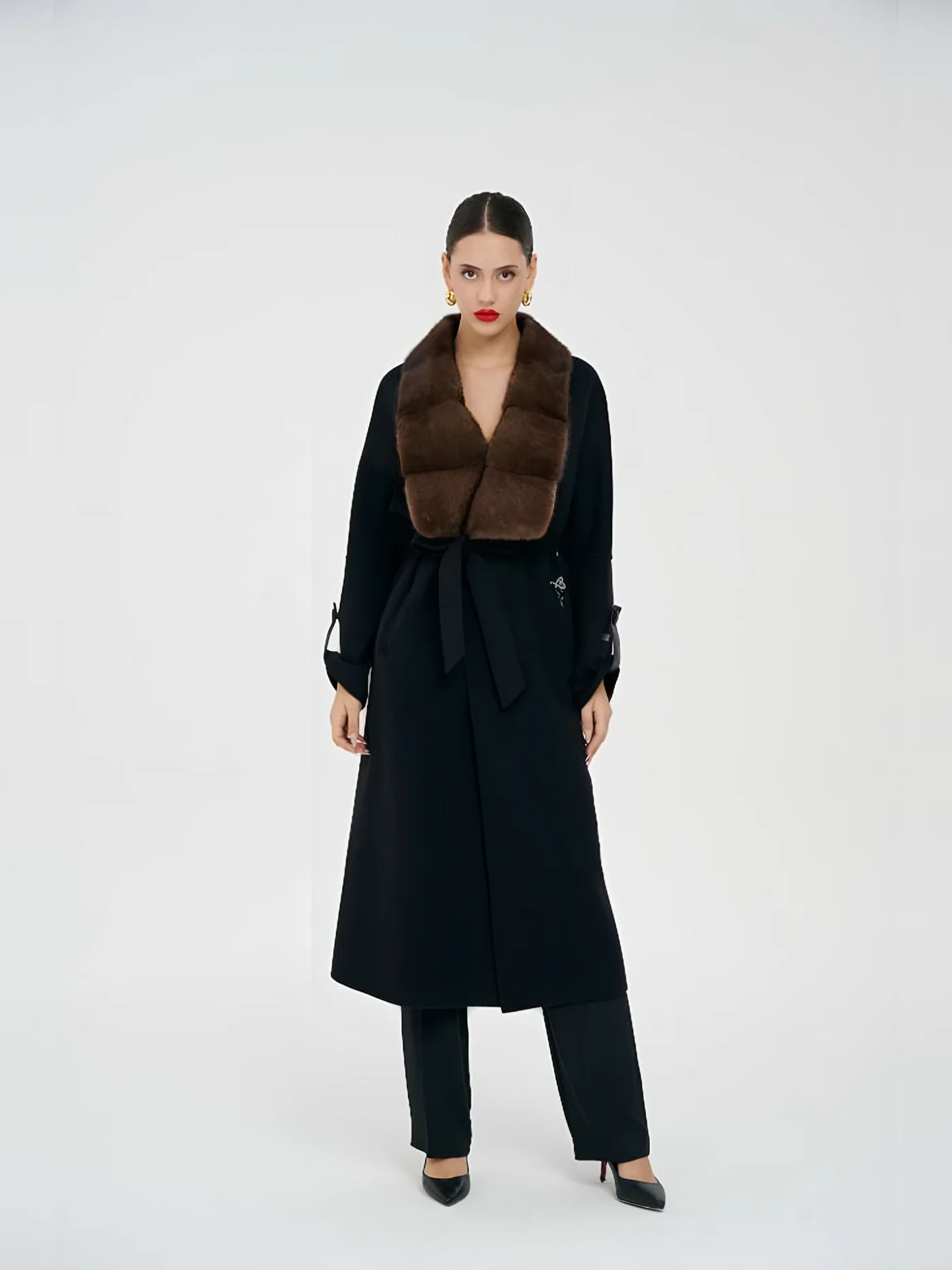 Fur-Shawl-Collar Belted Long Coat — BALIZZA