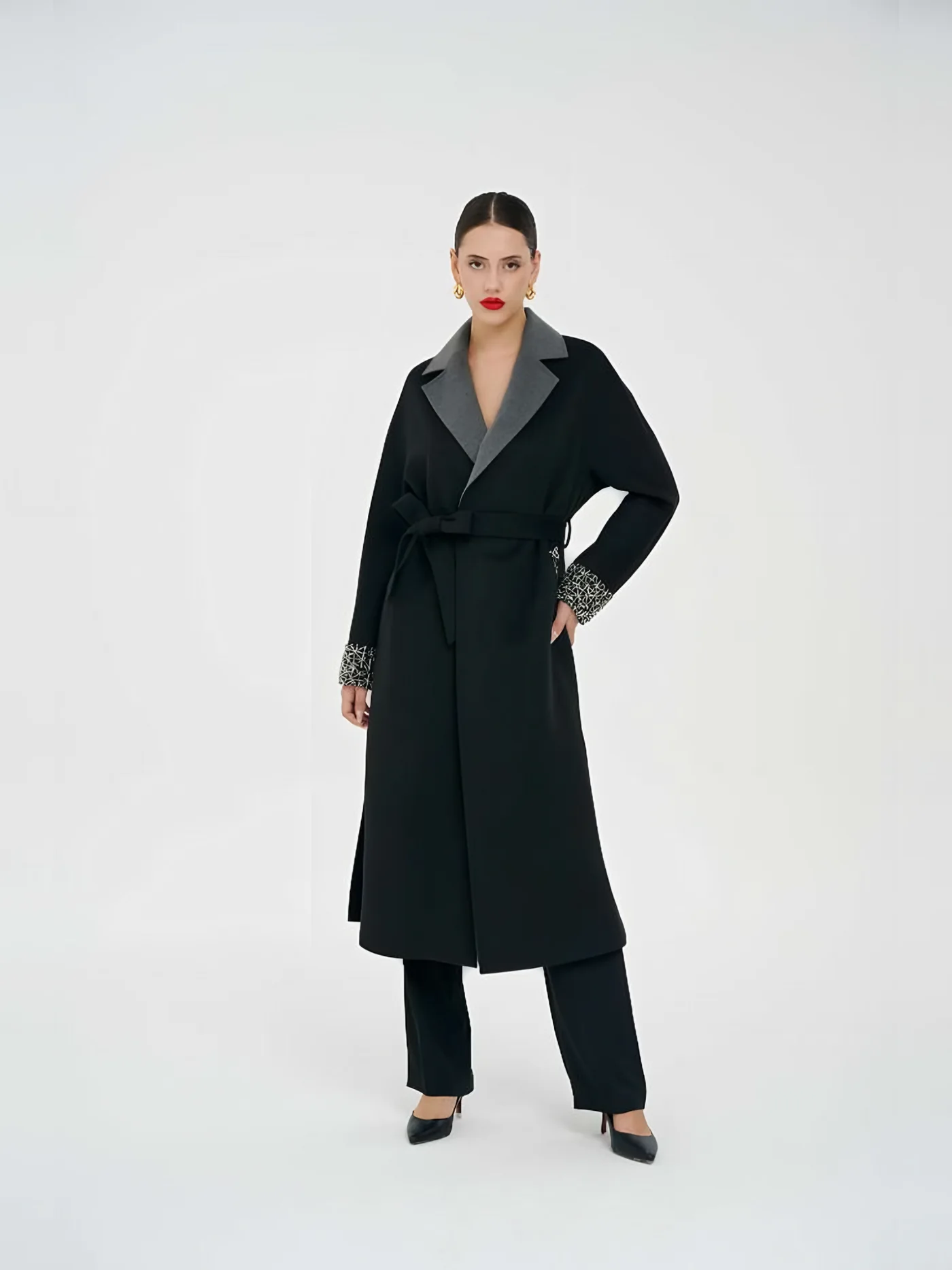 Leather Collar Embroidered Cuff Coat — BALIZZA