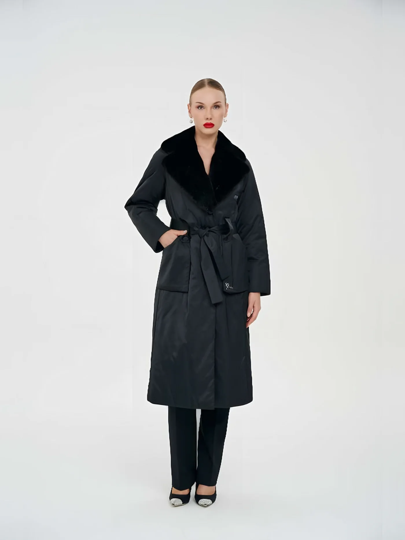 Black Fur-Collar Belted Quilted Coat — BALIZZA