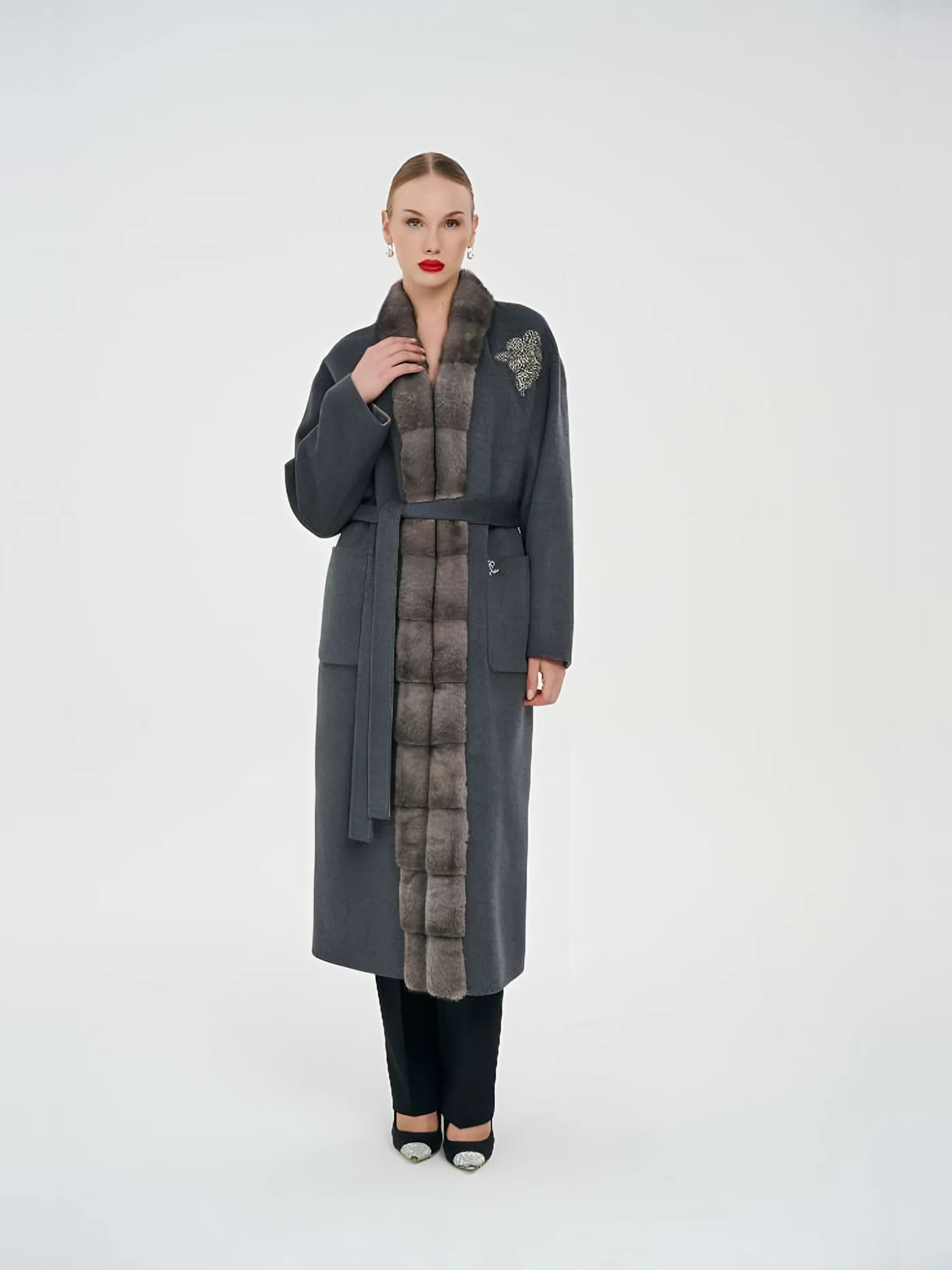 Fur-Trimmed Coat with Brooch — BALIZZA