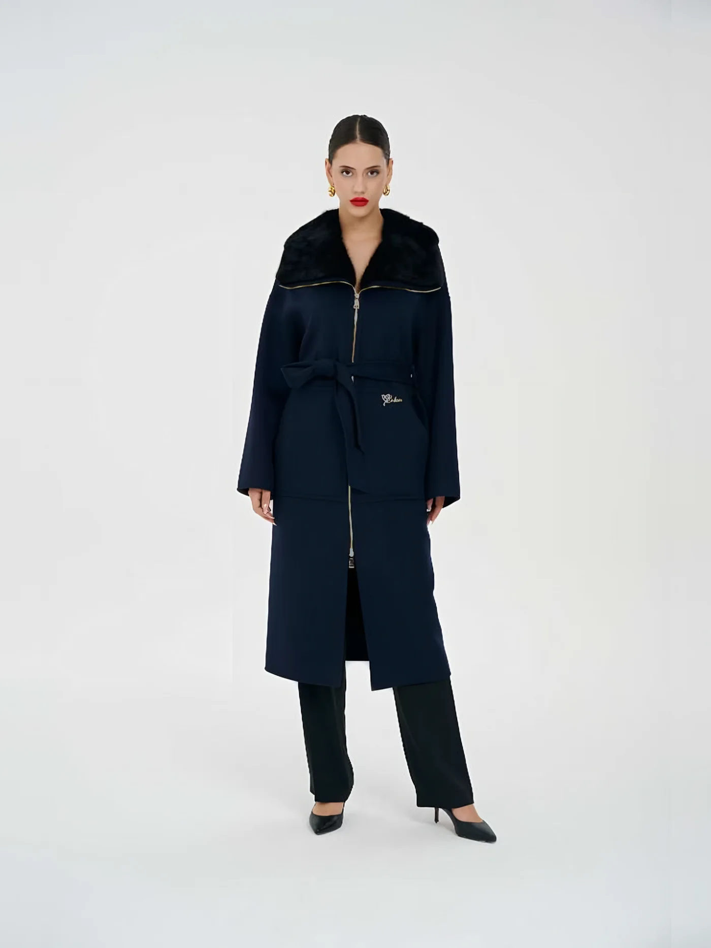 Fur-Collar Zip Belted Coat — BALIZZA