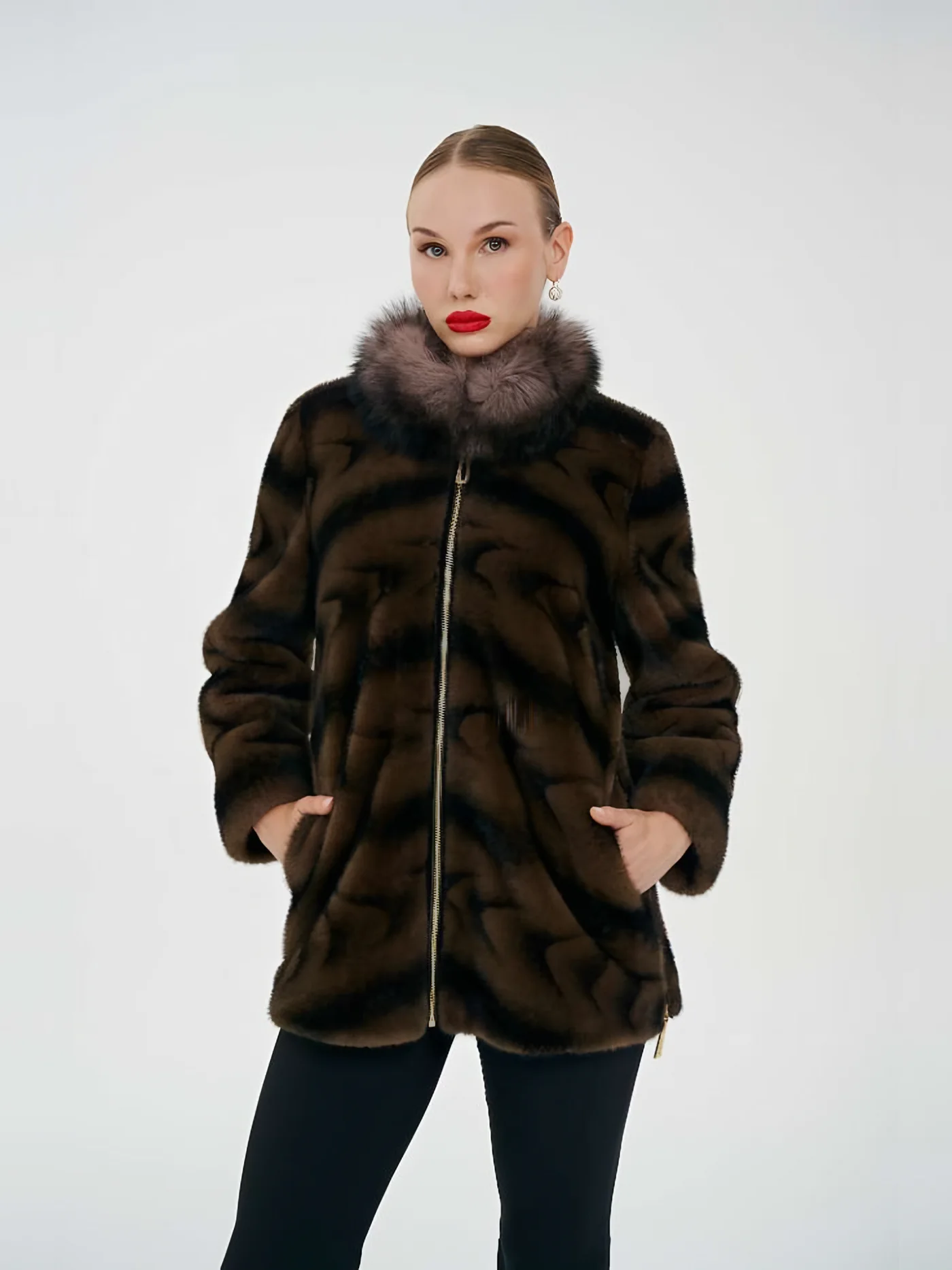 Fur-Collar Zip Patterned Plush Jacket — BALIZZA