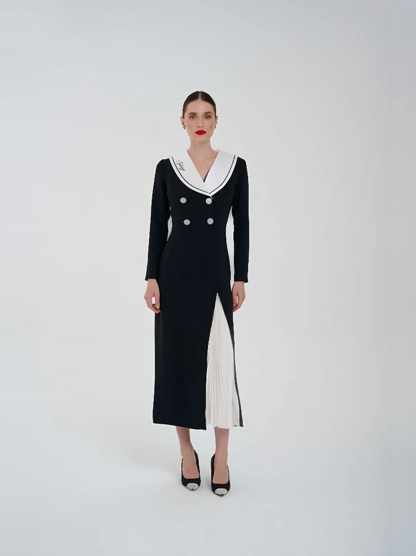 White-Collar Double-Breasted Long Dress — model wearing · 1/2