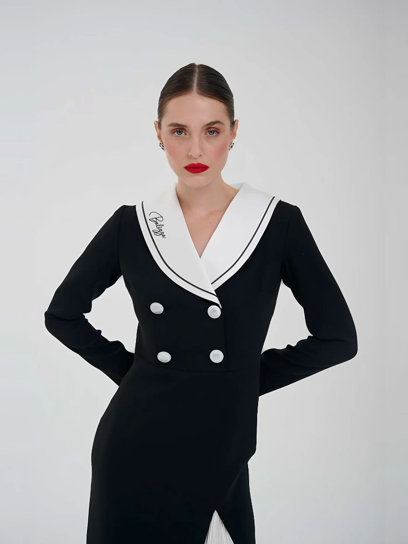 White-Collar Double-Breasted Long Dress — model wearing · 2/2
