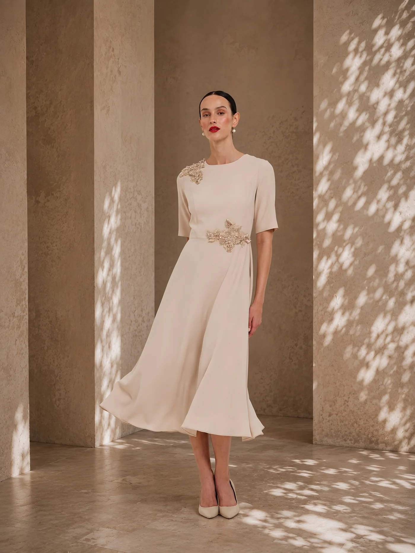 Jewel-Neck Cream Gown — model wearing · 1/3