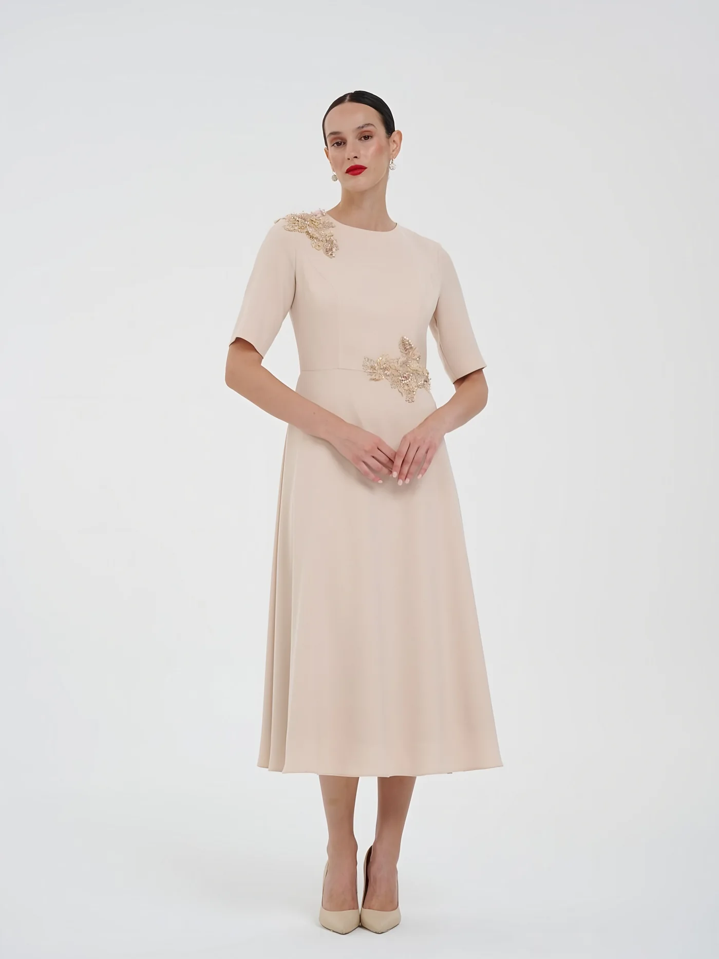 Jewel-Neck Cream Gown — model wearing · 3/3