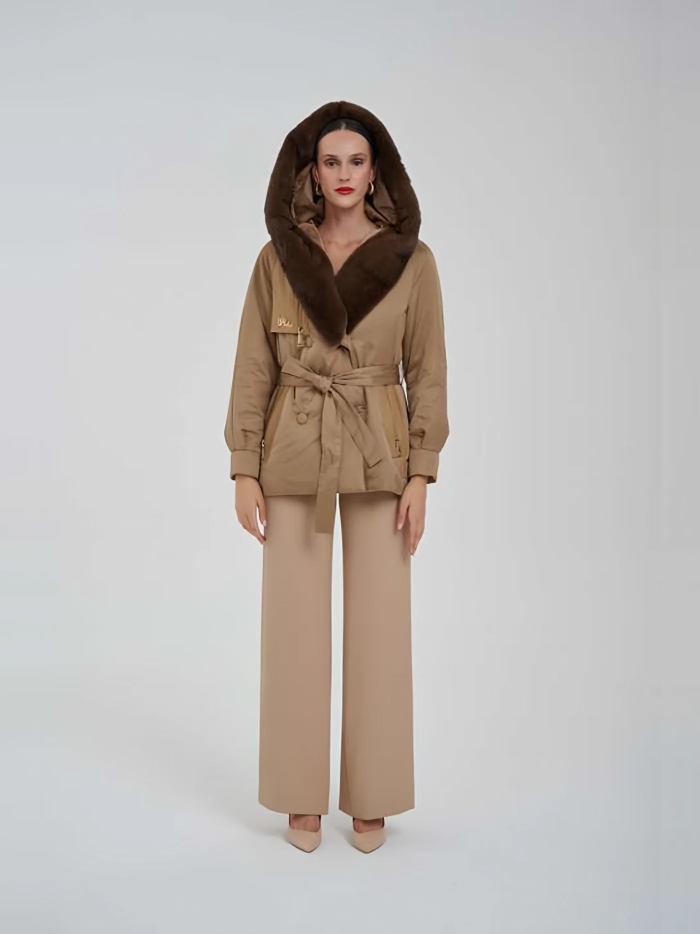 Fur-Hooded Belted Jacket — عارضة ترتدي · 1/1