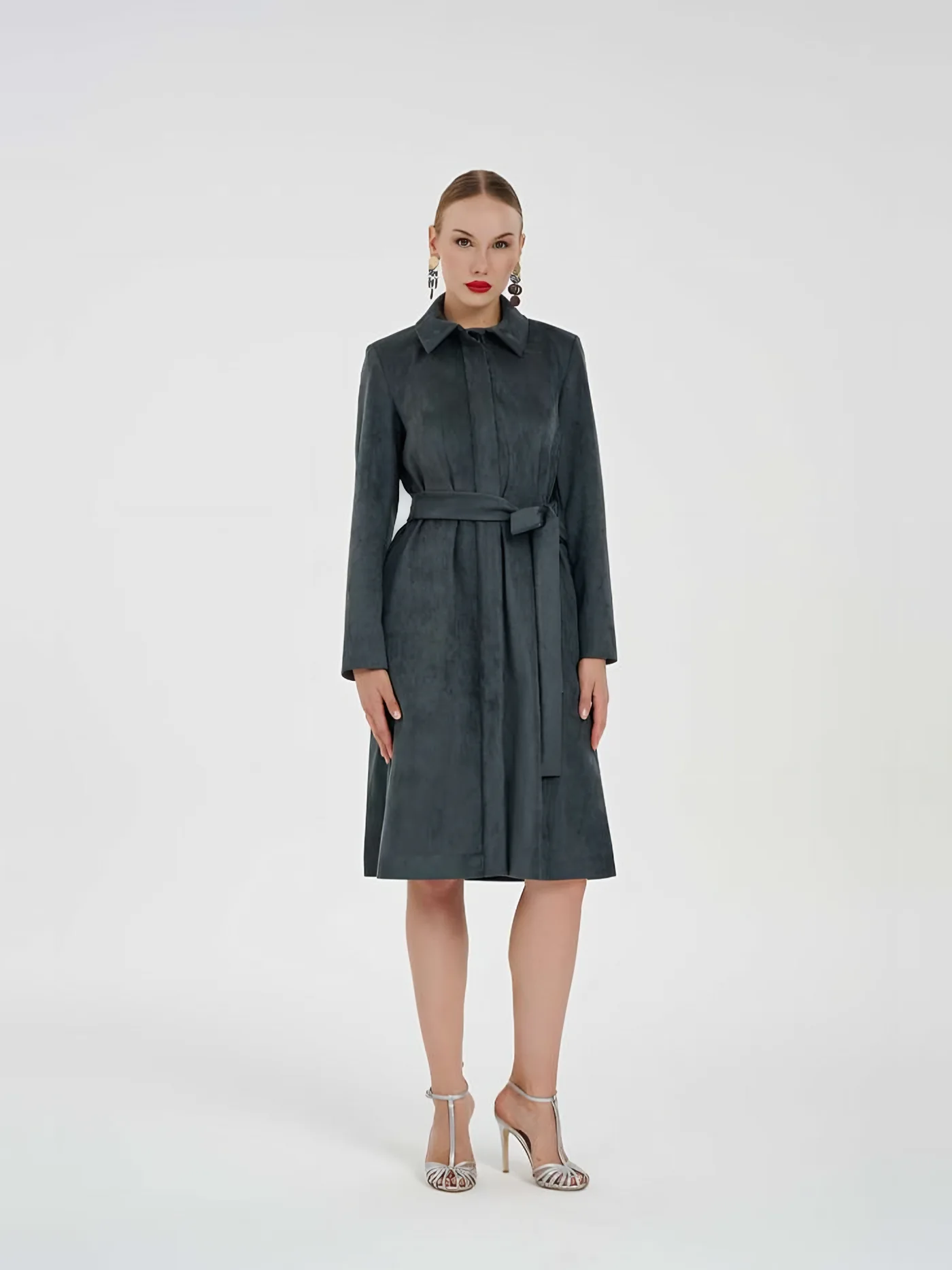 Belted Suede Trench Coat — model wearing · 1/1